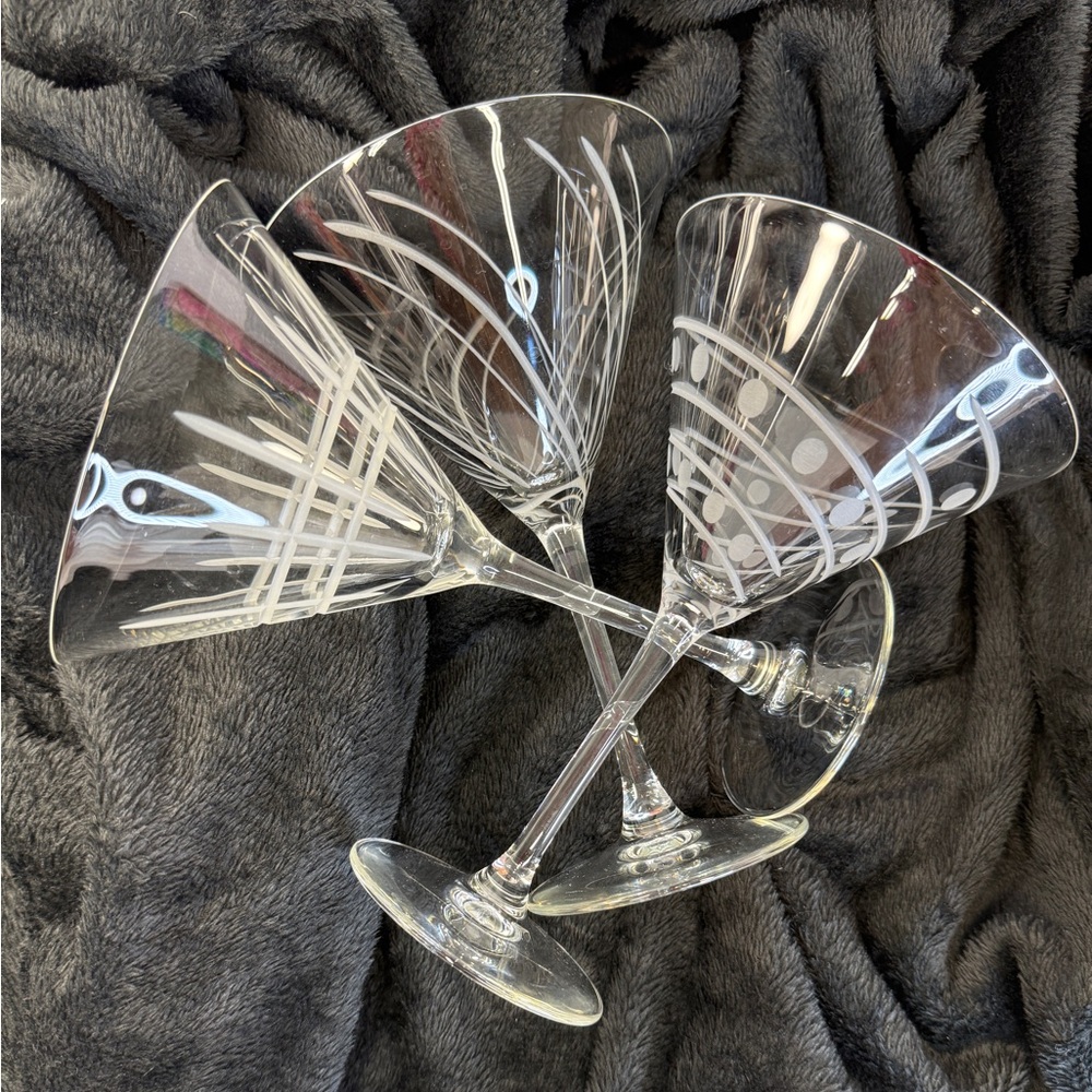3 Crystal ARC Etched Dots Lines Swirls Made In France Martini Margarita Glasses